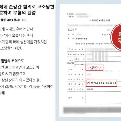 대학 후배에게 준강간 혐의로 고소당한 의뢰인 변호하여 무혐의 결정